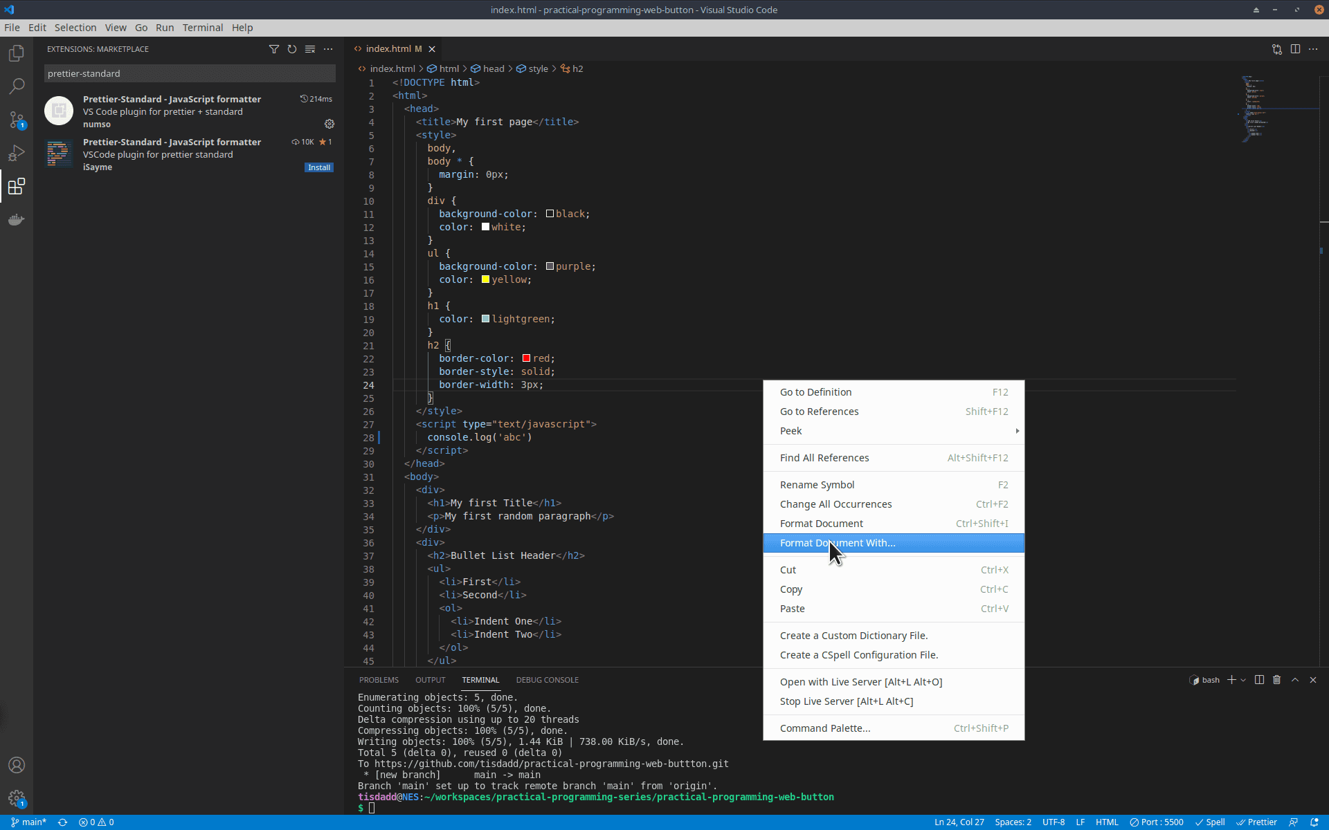 Extension Found and Format Document With from Menu